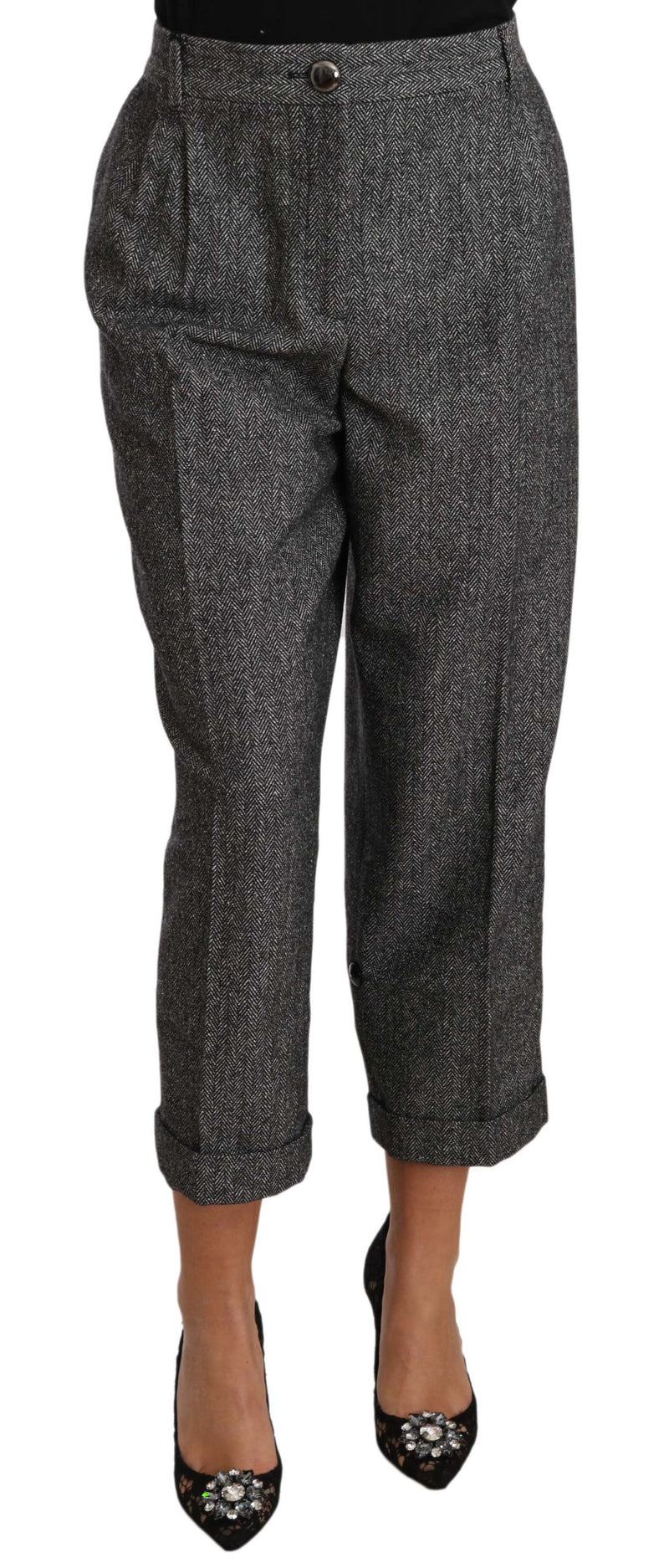 Gray Wool Pleated Cropped Trouser Pants-Dolce & Gabbana-LabelTerrace.com