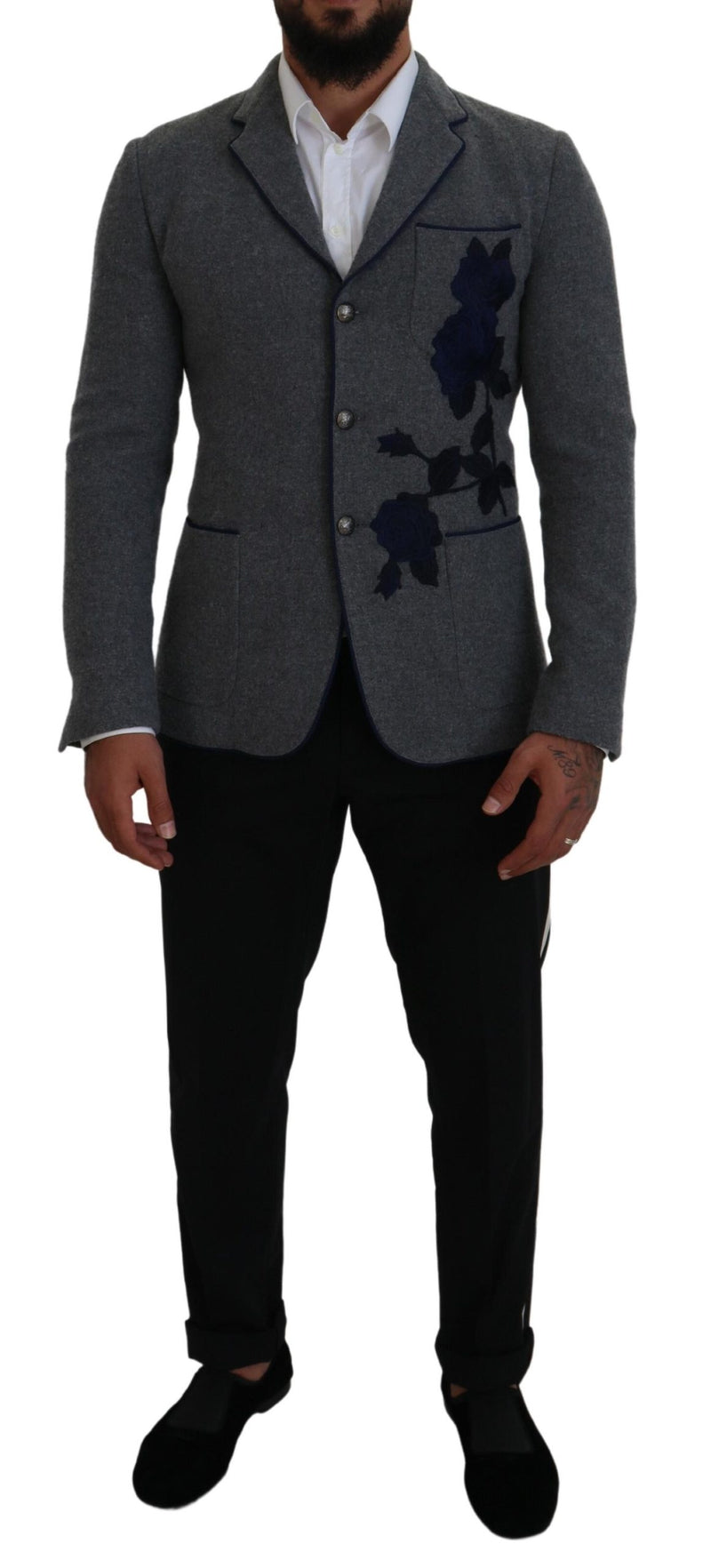 Gray Wool Roses Slim Fit Jacket Blazer-Dolce & Gabbana-LabelTerrace.com