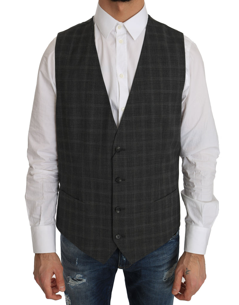 Gray Wool STAFF Checkered Stretch Vest-Dolce & Gabbana-LabelTerrace.com