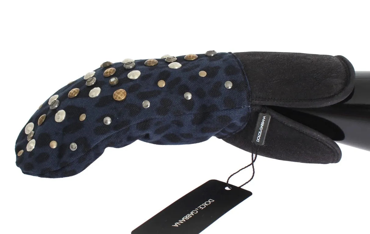 Gray Wool Shearling Studded Blue Leopard Gloves-Dolce & Gabbana-LabelTerrace.com