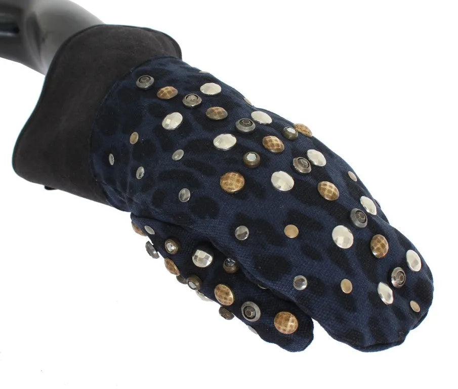 Gray Wool Shearling Studded Blue Leopard Gloves-Dolce & Gabbana-LabelTerrace.com