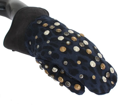 Gray Wool Shearling Studded Blue Leopard Gloves-Dolce & Gabbana-LabelTerrace.com