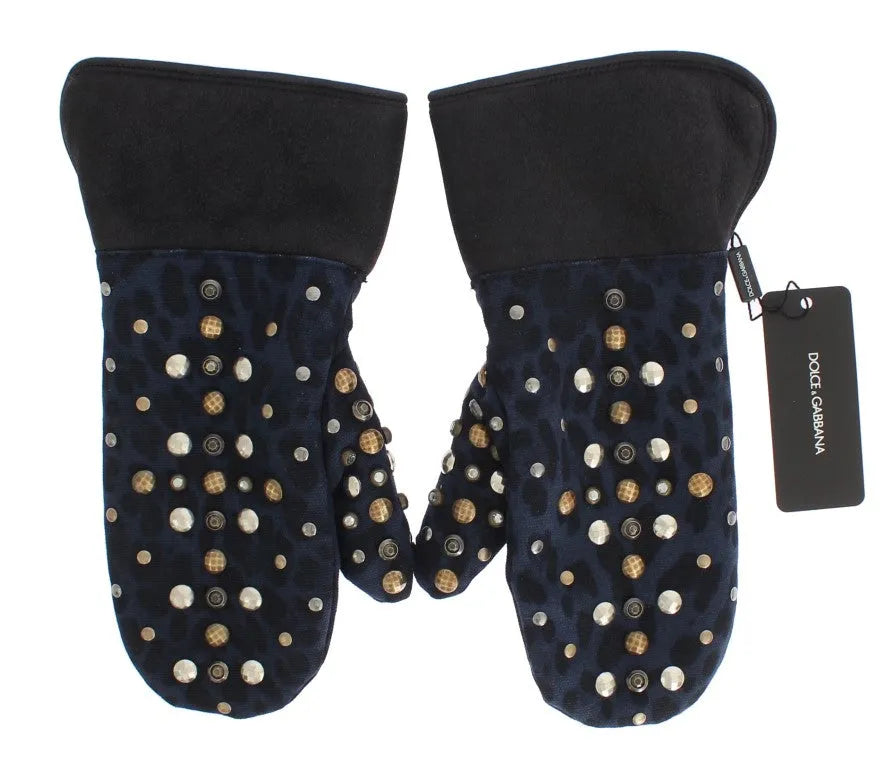 Gray Wool Shearling Studded Blue Leopard Gloves-Dolce & Gabbana-LabelTerrace.com