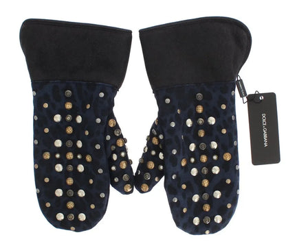Gray Wool Shearling Studded Blue Leopard Gloves-Dolce & Gabbana-LabelTerrace.com