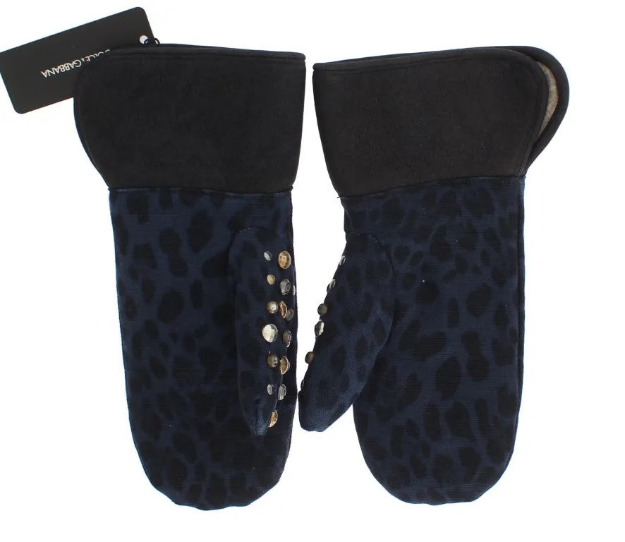Gray Wool Shearling Studded Blue Leopard Gloves-Dolce & Gabbana-LabelTerrace.com