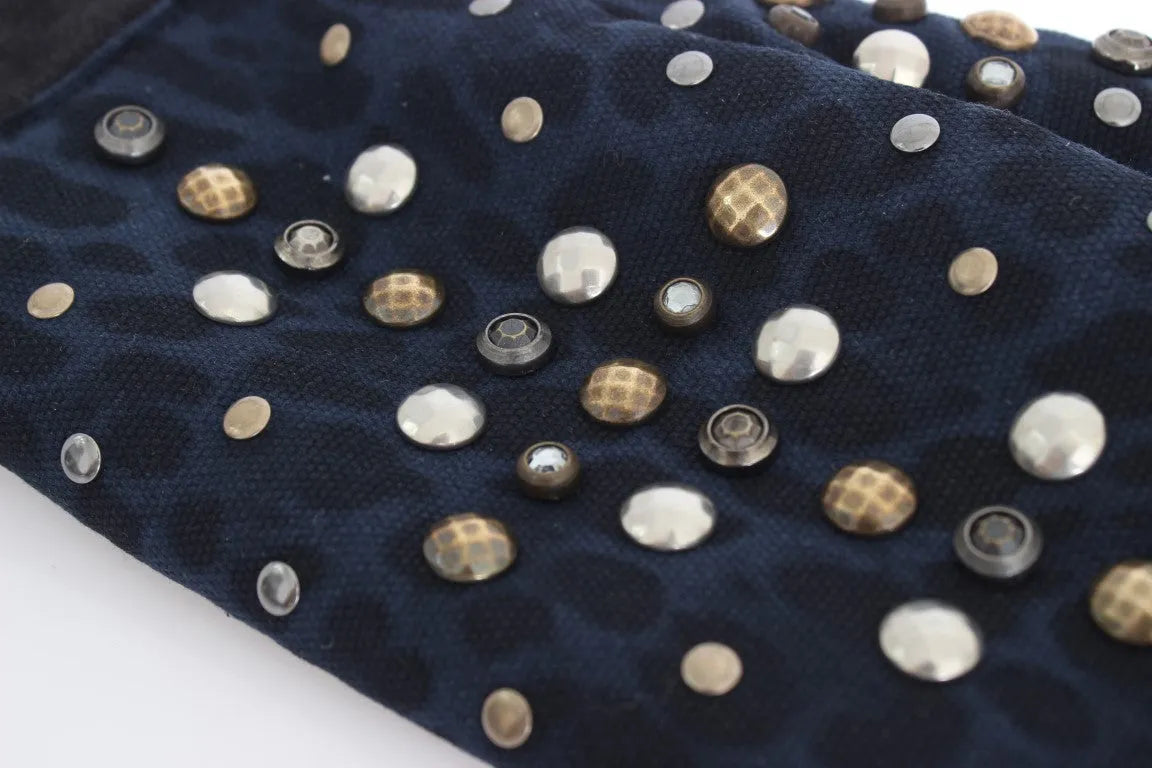 Gray Wool Shearling Studded Blue Leopard Gloves-Dolce & Gabbana-LabelTerrace.com