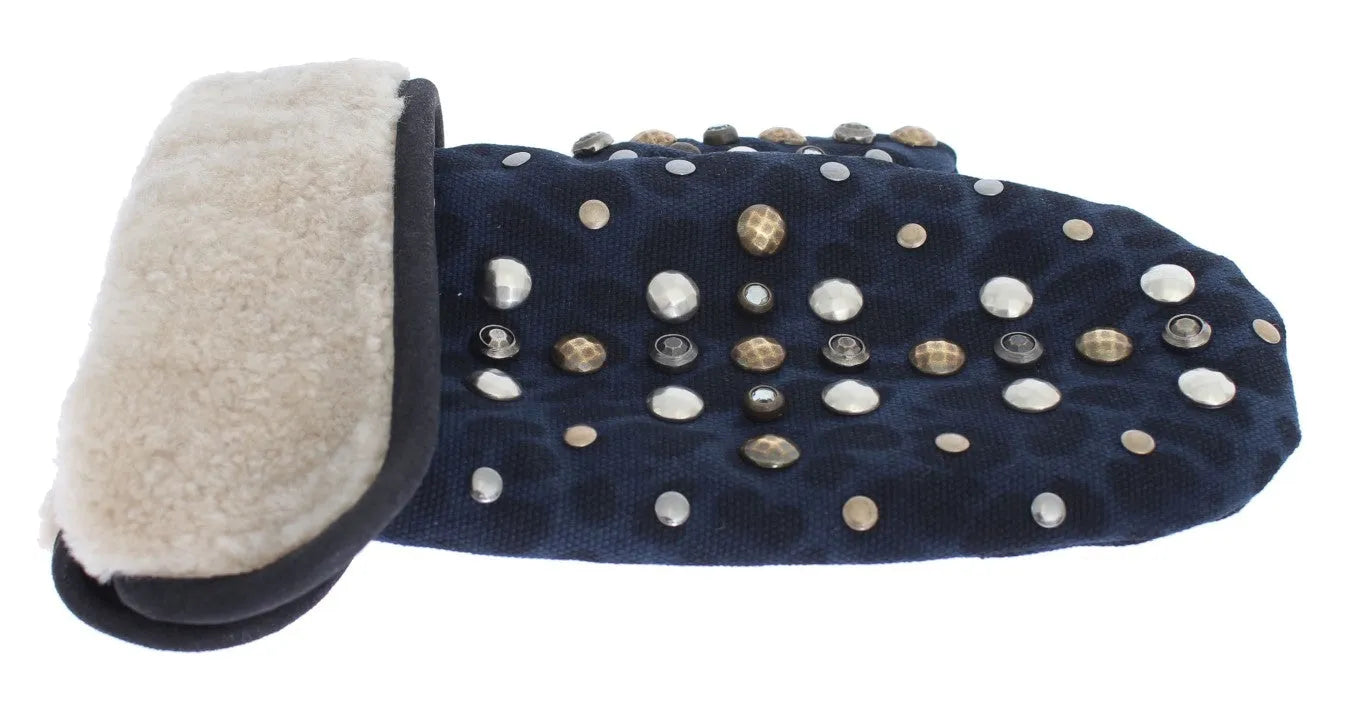 Gray Wool Shearling Studded Blue Leopard Gloves-Dolce & Gabbana-LabelTerrace.com