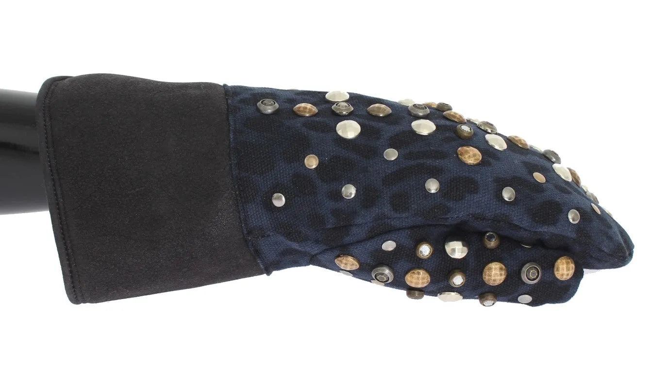 Gray Wool Shearling Studded Blue Leopard Gloves-Dolce & Gabbana-LabelTerrace.com