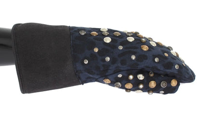 Gray Wool Shearling Studded Blue Leopard Gloves-Dolce & Gabbana-LabelTerrace.com