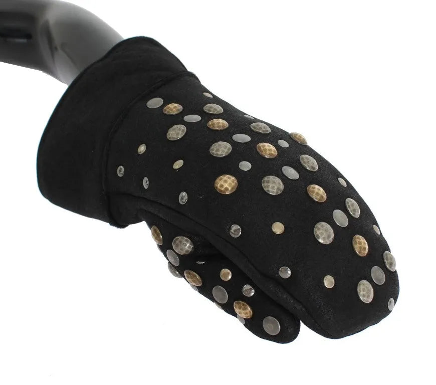 Gray Wool Shearling Studded Gloves-Dolce & Gabbana-LabelTerrace.com