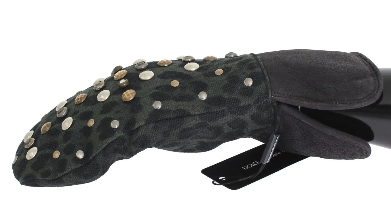 Gray Wool Shearling Studded Green Leopard Gloves-Dolce & Gabbana-LabelTerrace.com