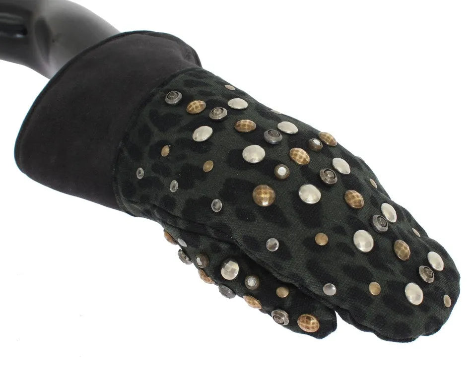 Gray Wool Shearling Studded Green Leopard Gloves-Dolce & Gabbana-LabelTerrace.com