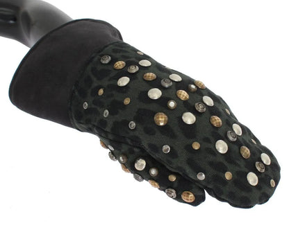 Gray Wool Shearling Studded Green Leopard Gloves-Dolce & Gabbana-LabelTerrace.com