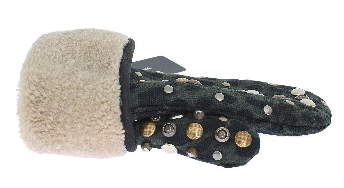 Gray Wool Shearling Studded Green Leopard Gloves-Dolce & Gabbana-LabelTerrace.com