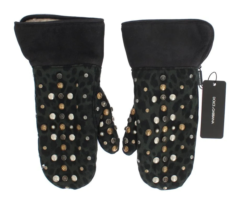 Gray Wool Shearling Studded Green Leopard Gloves-Dolce & Gabbana-LabelTerrace.com