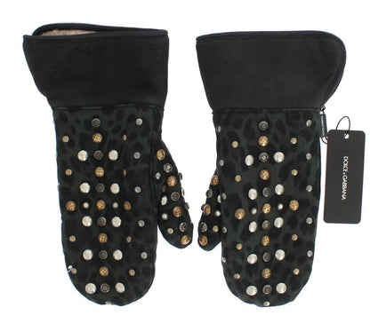 Gray Wool Shearling Studded Green Leopard Gloves-Dolce & Gabbana-LabelTerrace.com