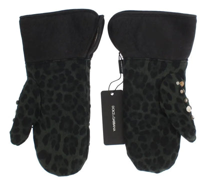 Gray Wool Shearling Studded Green Leopard Gloves-Dolce & Gabbana-LabelTerrace.com