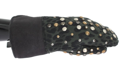 Gray Wool Shearling Studded Green Leopard Gloves-Dolce & Gabbana-LabelTerrace.com