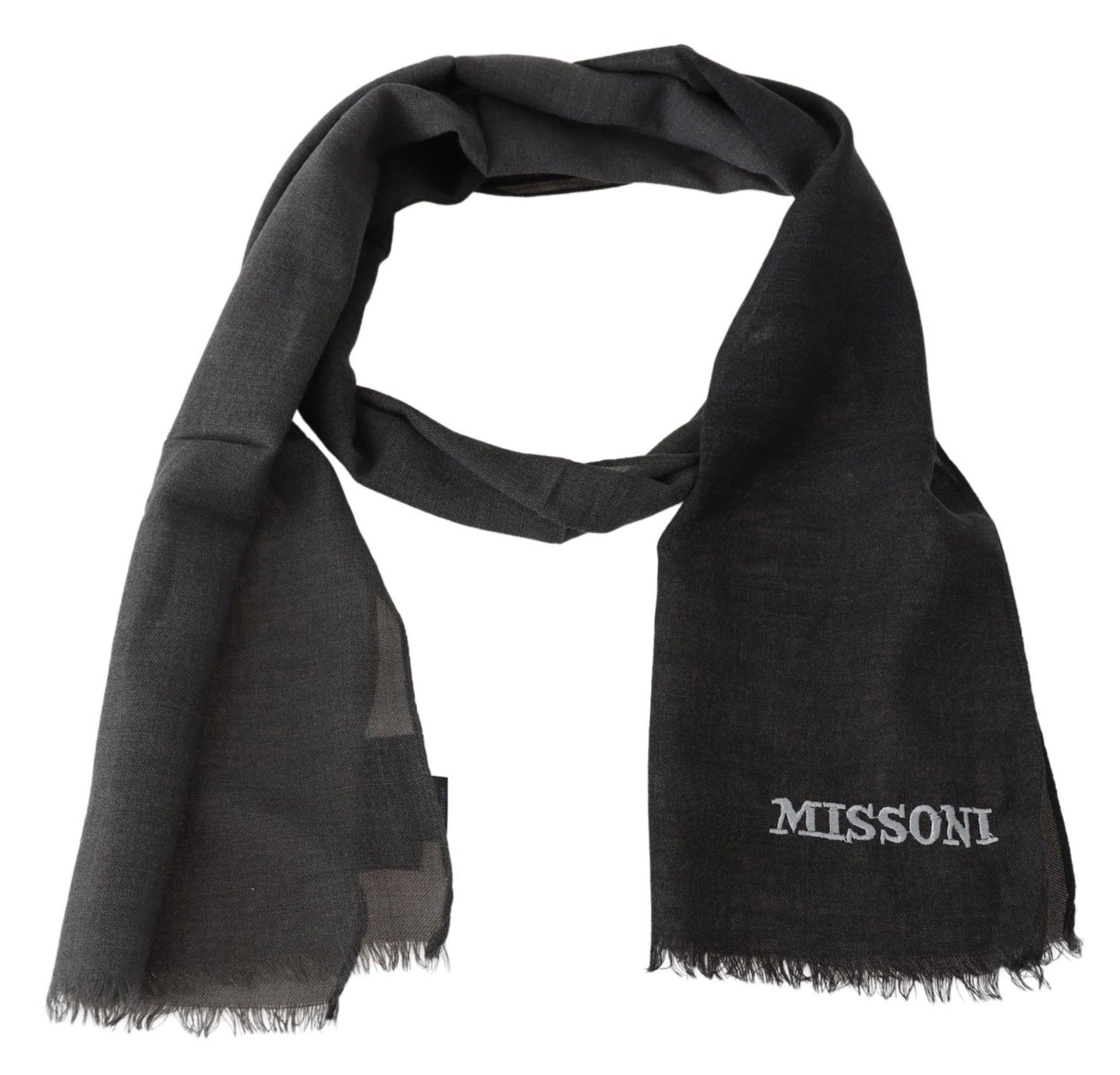 Gray Wool Unisex Neck Wrap Shawl Fringes Logo Scarf-Missoni-LabelTerrace.com