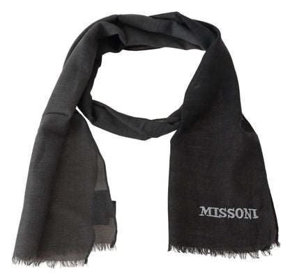 Gray Wool Unisex Neck Wrap Shawl Fringes Logo Scarf-Missoni-LabelTerrace.com