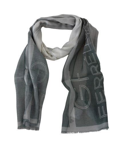 Gray Wool Viscose Foulard Patterned Branded Scarf-GF Ferre-LabelTerrace.com