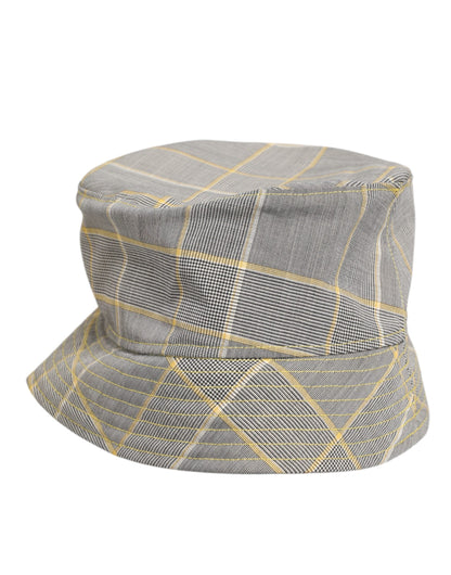 Gray Yellow Wool Blend Plaid Bucket Cap Men Hat