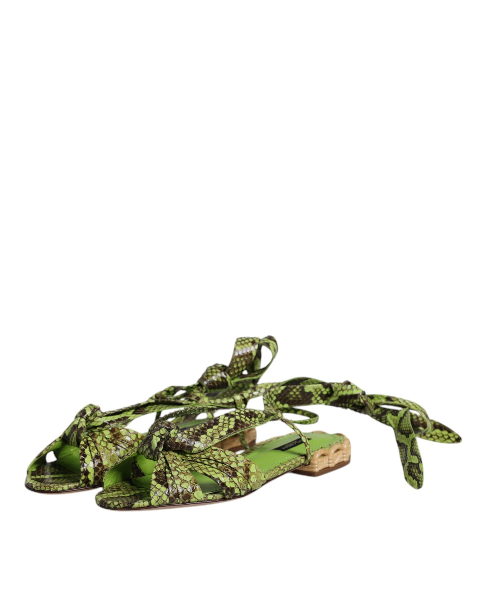 Green Animal Print Ankle Wrap Sandals Shoes-Dolce & Gabbana-LabelTerrace.com