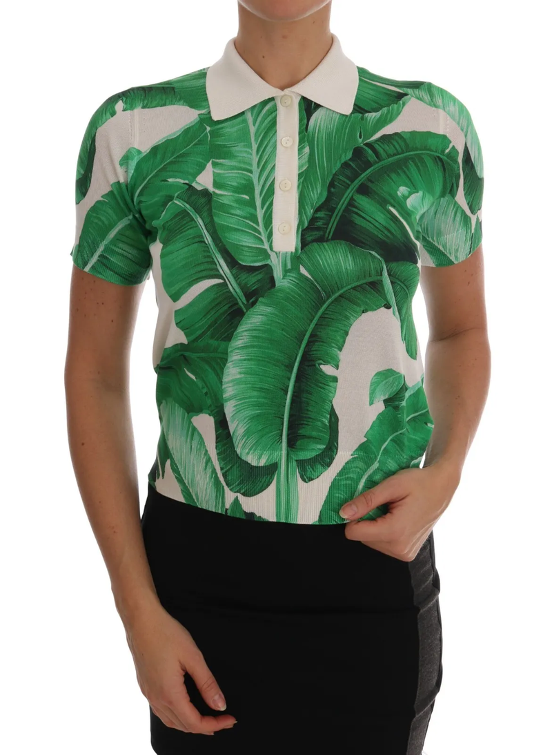 Green Banana Print Silk Polo T-shirt-Dolce & Gabbana-LabelTerrace.com