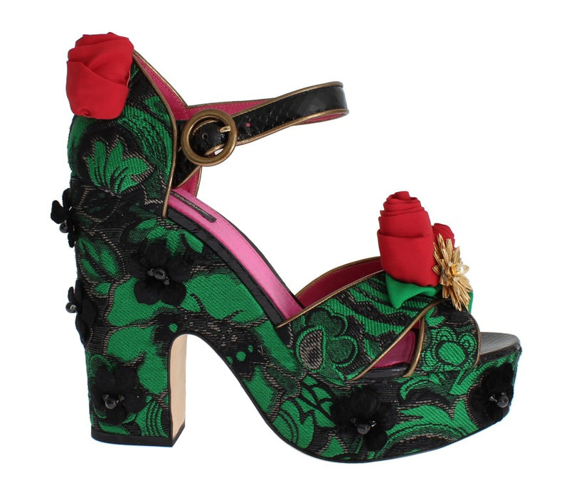 Green Brocade Snakeskin Roses Crystal Shoes-Dolce & Gabbana-LabelTerrace.com