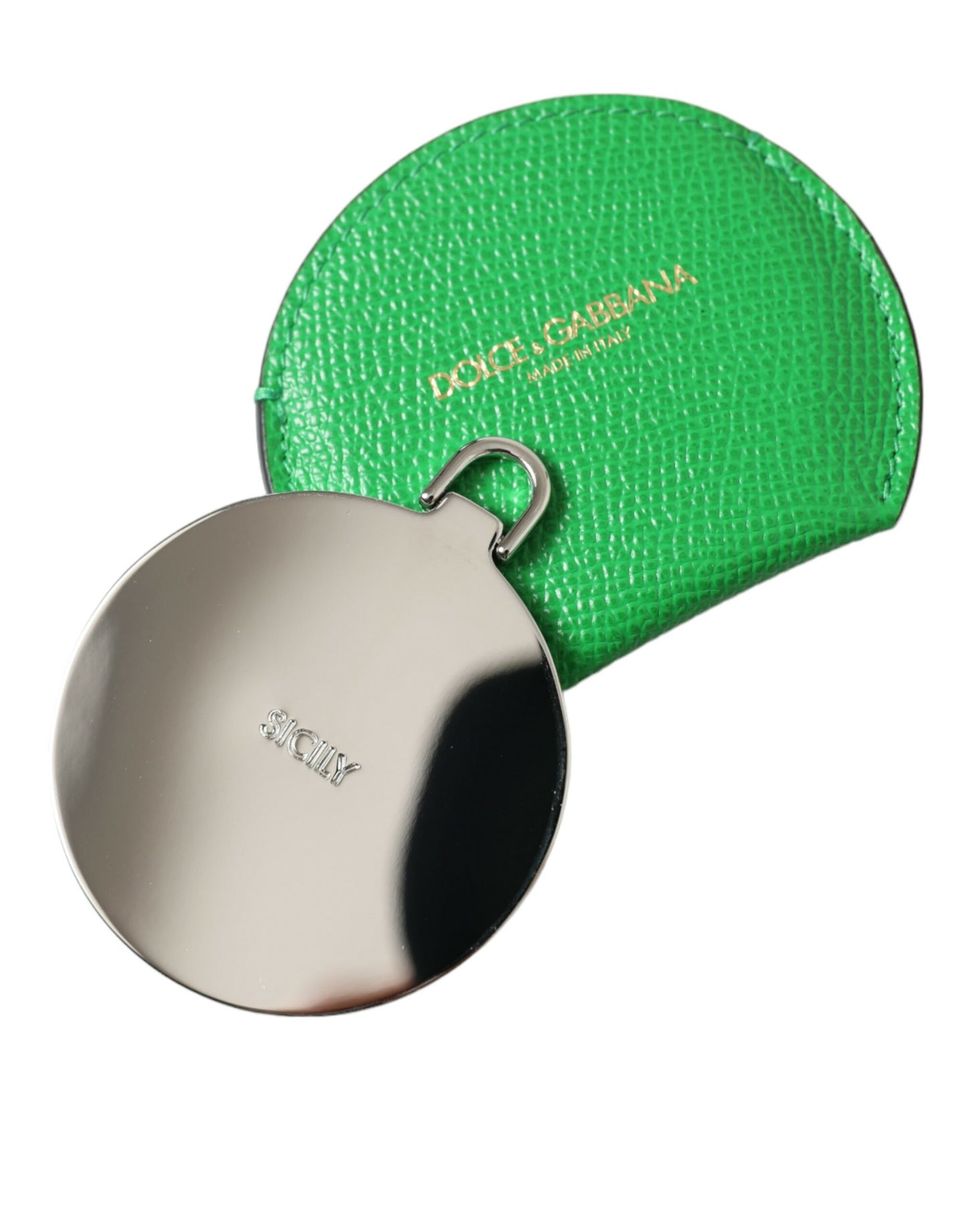 Green Calfskin Leather Round Logo Hand Mirror Holder-Dolce & Gabbana-LabelTerrace.com