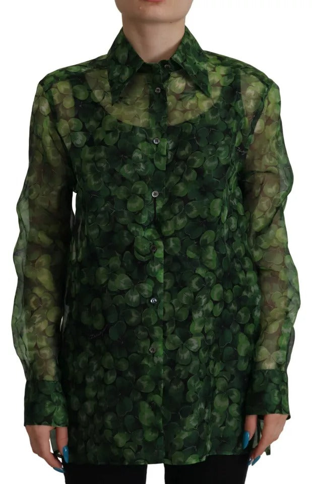 Green Clover Print Long Sleeves Collared Top Blouse-Dolce & Gabbana-LabelTerrace.com