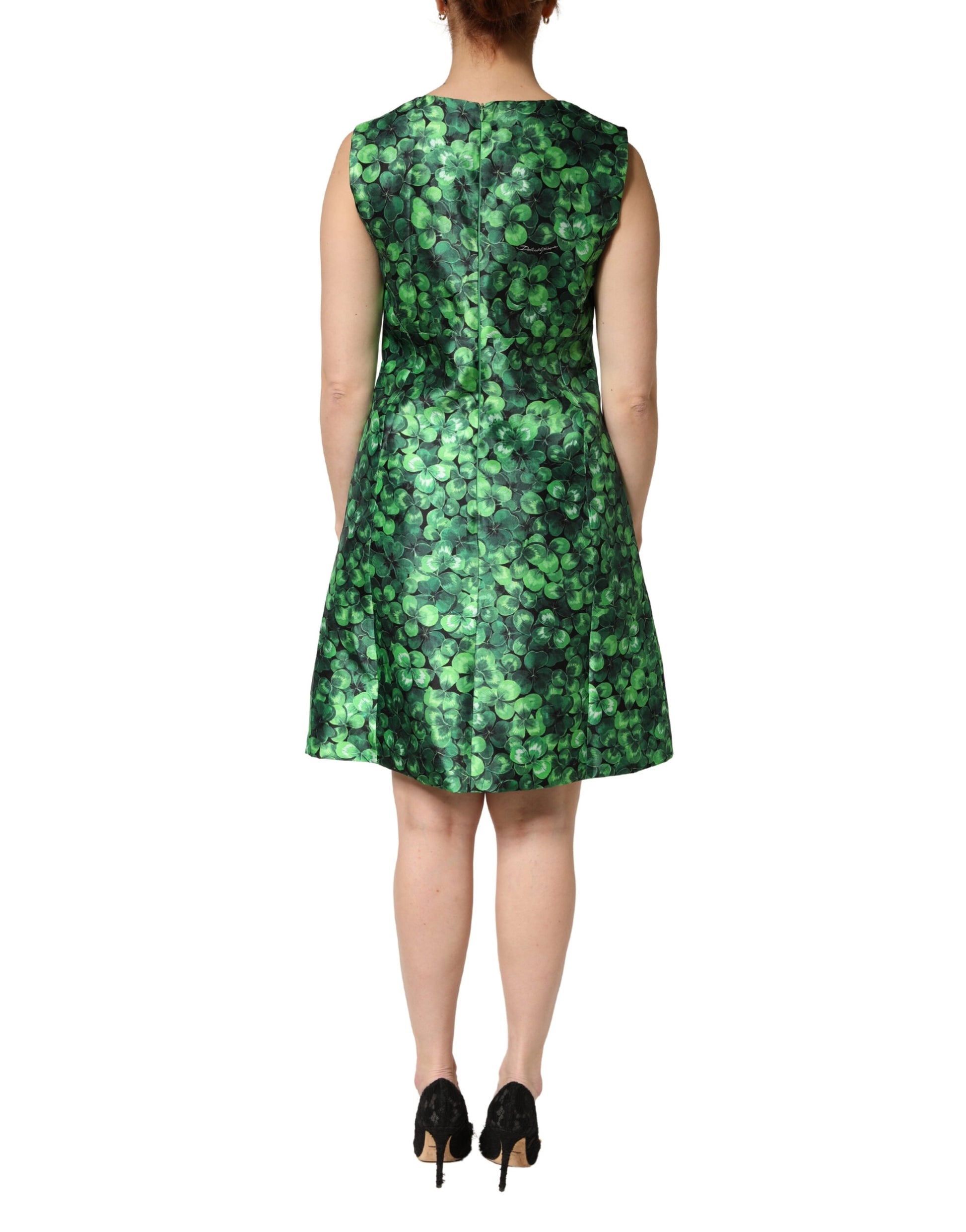 Green Clover Print Sleeveless A-Line Dress