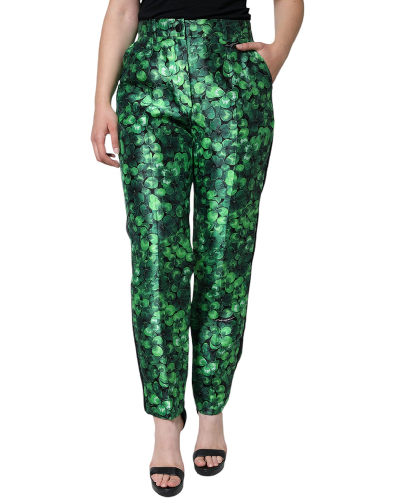 Green Clover Silk Satin High Waist Tapered Pants-Dolce & Gabbana-LabelTerrace.com
