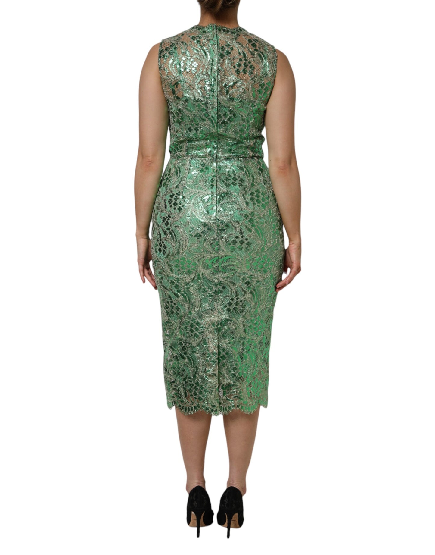 Green Cotton Floral Lace Sheath Midi Dress
