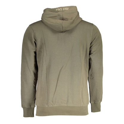 Green Cotton Men Sweater with Hood and Zip Pockets