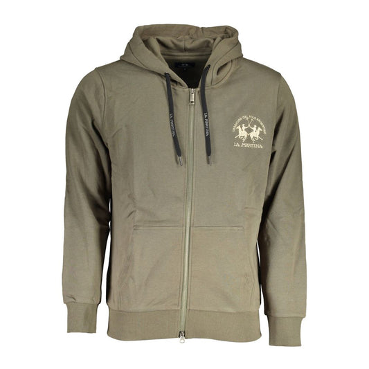 Green Cotton Men Sweater with Hood and Zip Pockets