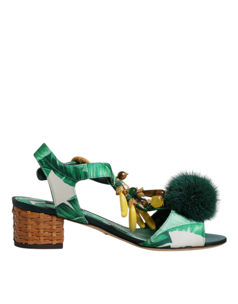 Green Crystal Fur Embellished Sandals Shoes-Dolce & Gabbana-LabelTerrace.com