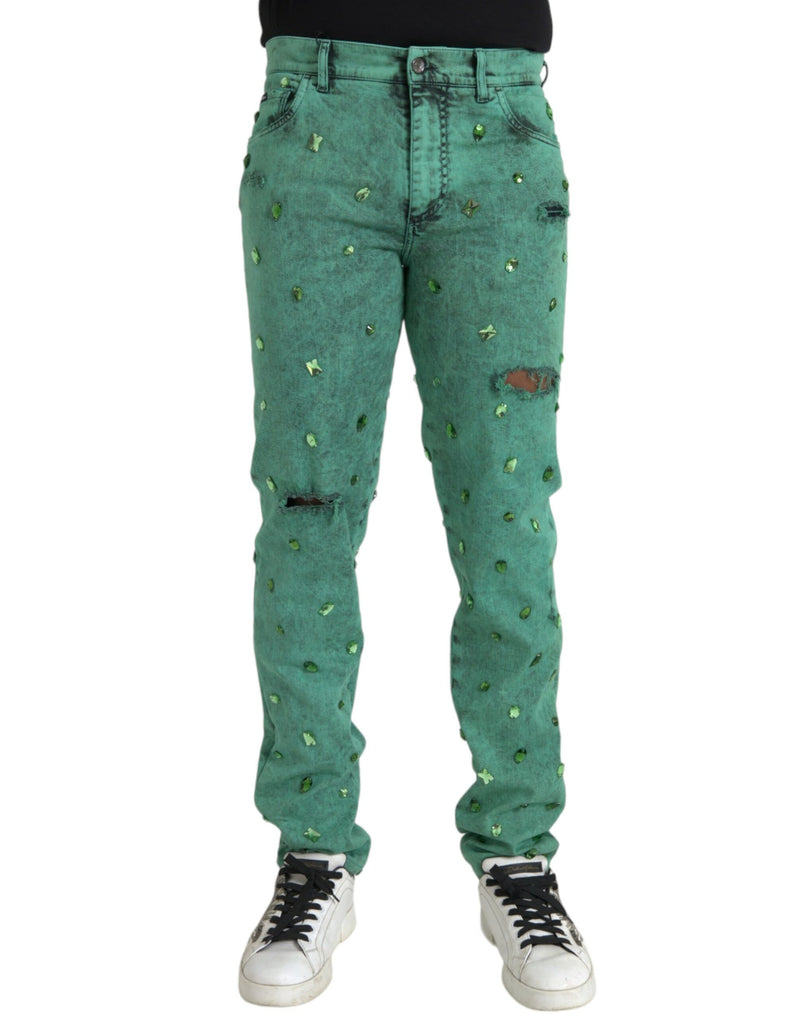 Green Crystals Cotton Stretch Slim Jeans-Dolce & Gabbana-LabelTerrace.com