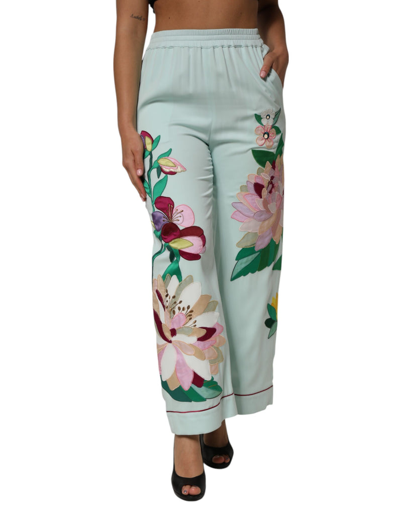 Green Floral Garterized Straight Pajama Pants-Dolce & Gabbana-LabelTerrace.com