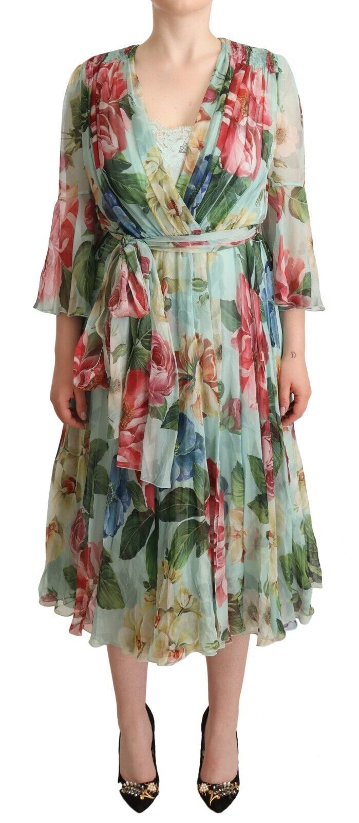Green Floral Long Sleeves V-neck Midi Dress-Dolce & Gabbana-LabelTerrace.com