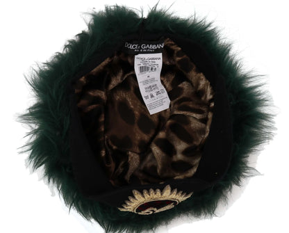 Green Fur DG Logo Embroidered Cloche Hat-Dolce & Gabbana-LabelTerrace.com