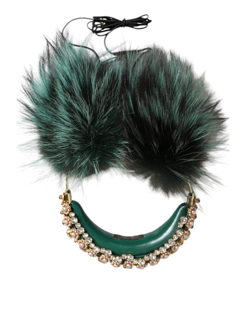Green Gold Crystal Fur Headset Audio AUX Headphones-Dolce & Gabbana-LabelTerrace.com