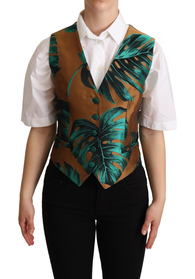 Green Jacquard Leaf Gold Waistcoat Vest-Dolce & Gabbana-LabelTerrace.com