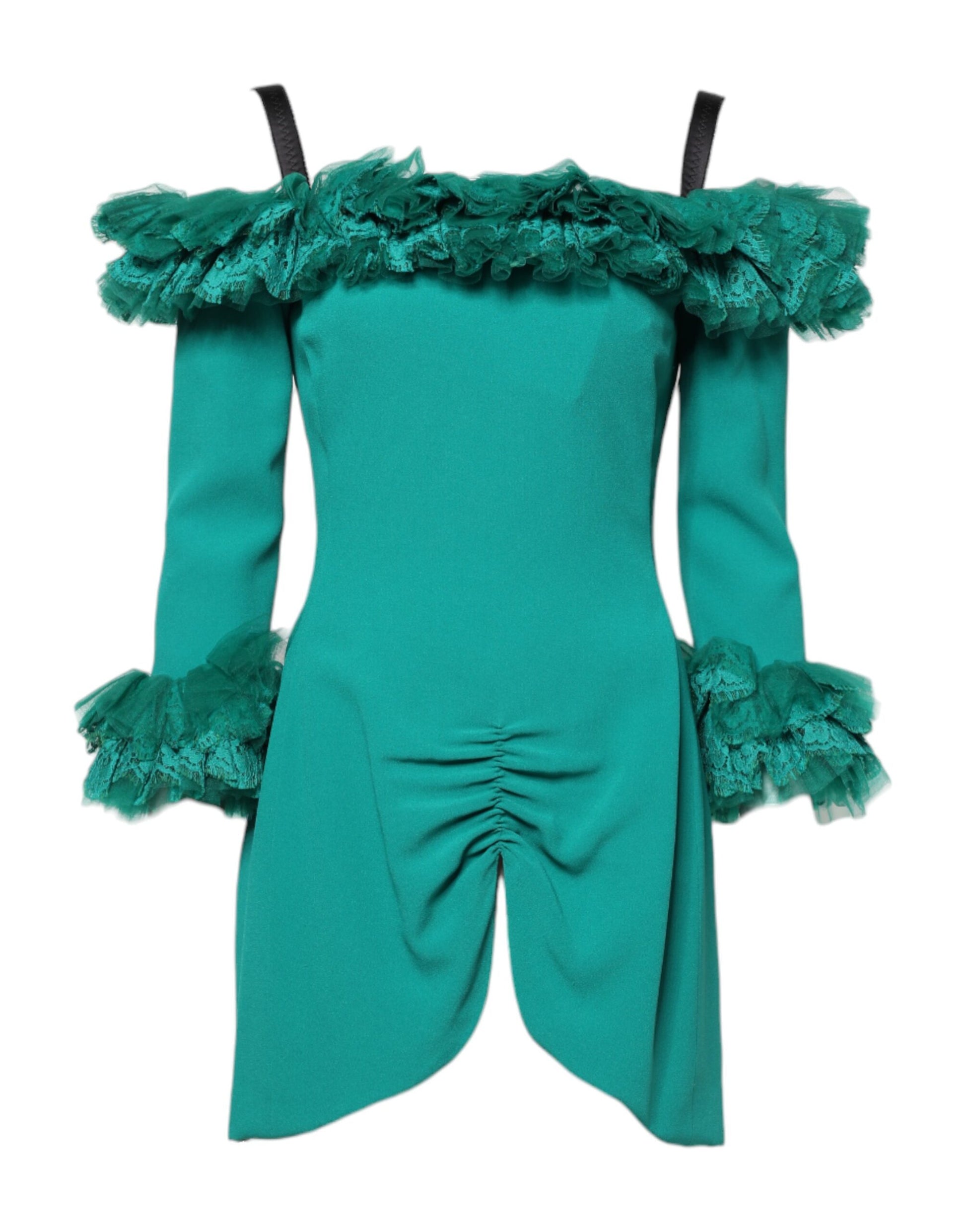 Green Lace Off Shoulder Sheath Mini Dress-Dolce & Gabbana-LabelTerrace.com
