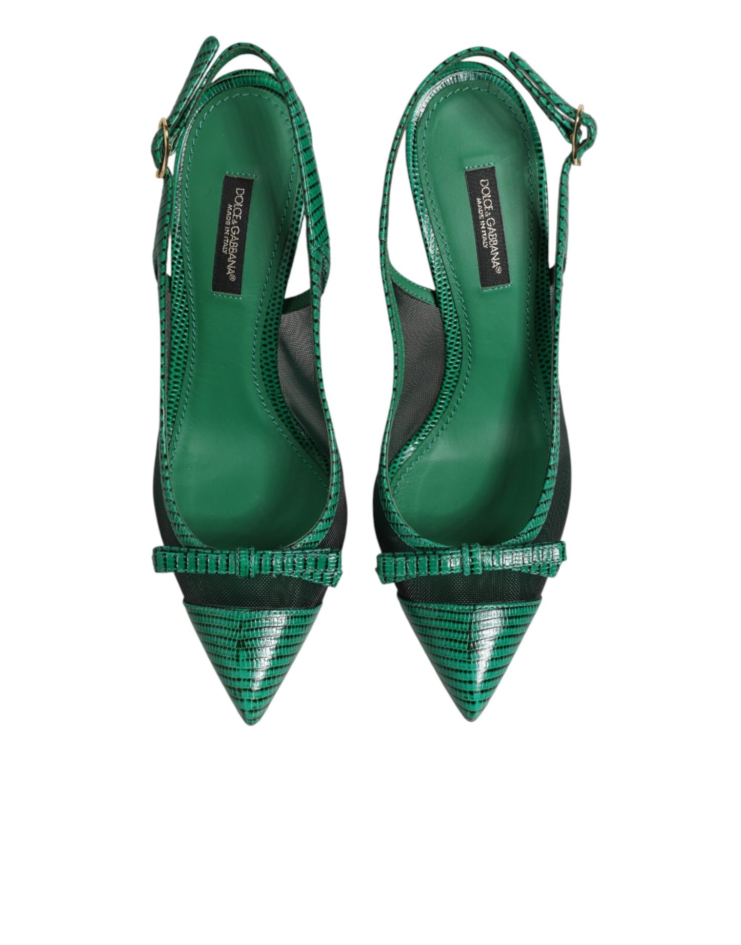 Green Leather Mesh Heels Slingback Shoes