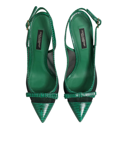 Green Leather Mesh Heels Slingback Shoes