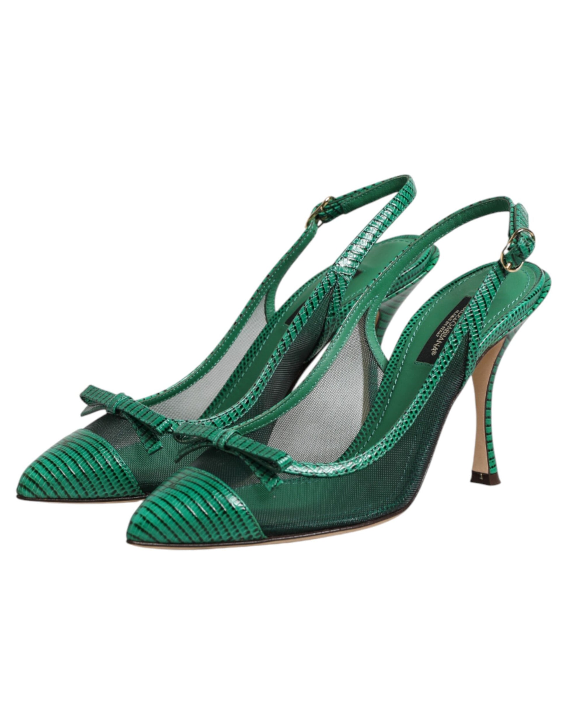 Green Leather Mesh Heels Slingback Shoes