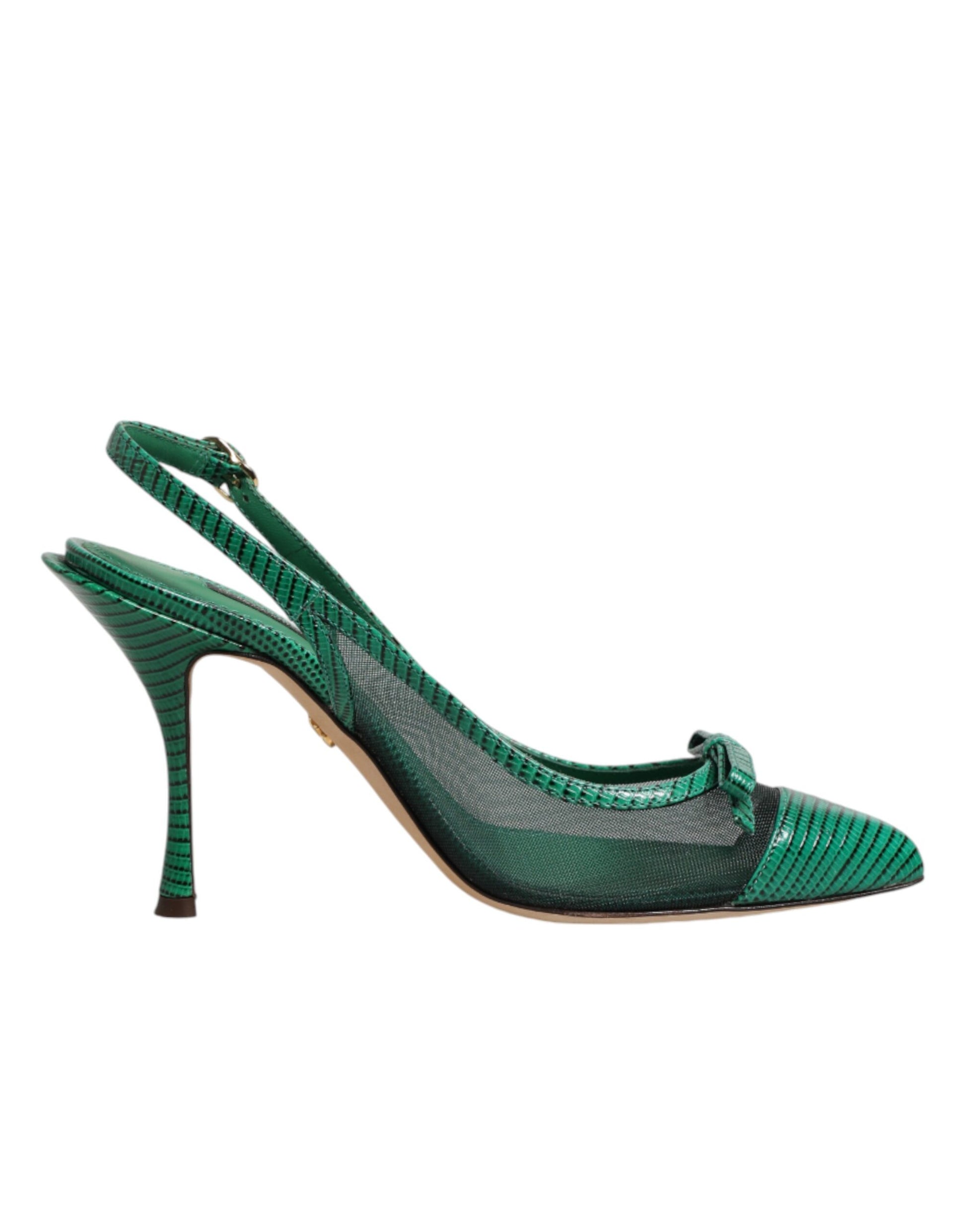 Green Leather Mesh Heels Slingback Shoes