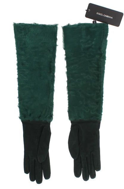 Green Leather Xiangao Fur Elbow Gloves-Dolce & Gabbana-LabelTerrace.com