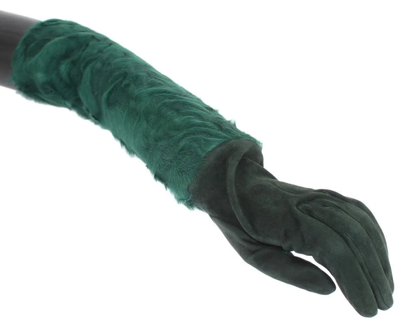 Green Leather Xiangao Fur Elbow Gloves-Dolce & Gabbana-LabelTerrace.com